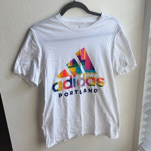 adidas White Tee with Multicolor Geometric Trefoil - Portland Graphic